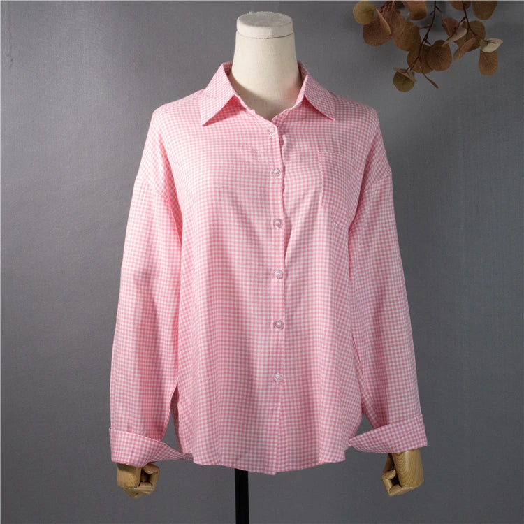 Camisa informal de manga larga con blusa a cuadros rosa