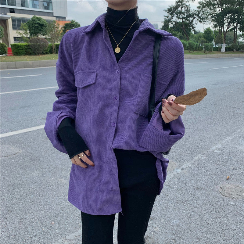 Retro Purple Color Loose Corduroy Shirt