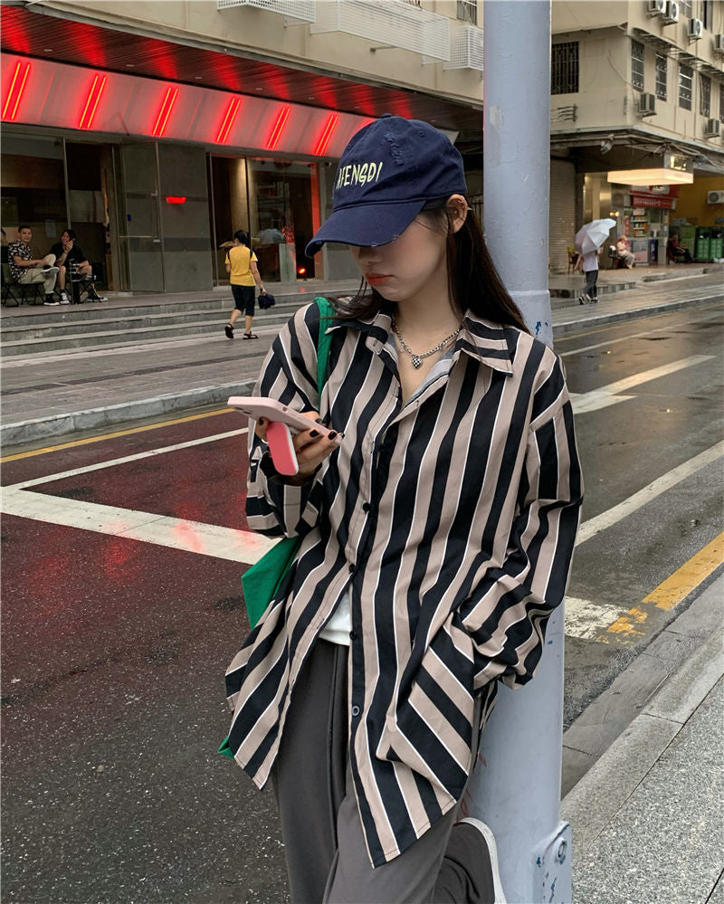 Long Sleeve Casual Retro Striped Blouse Shirt