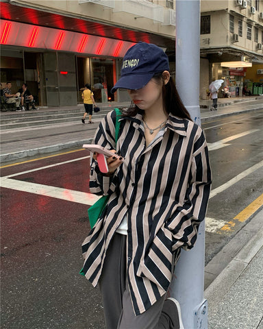 Long Sleeve Casual Retro Striped Blouse Shirt