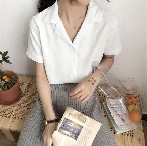 Notched Short Sleeve Blouse Shirt