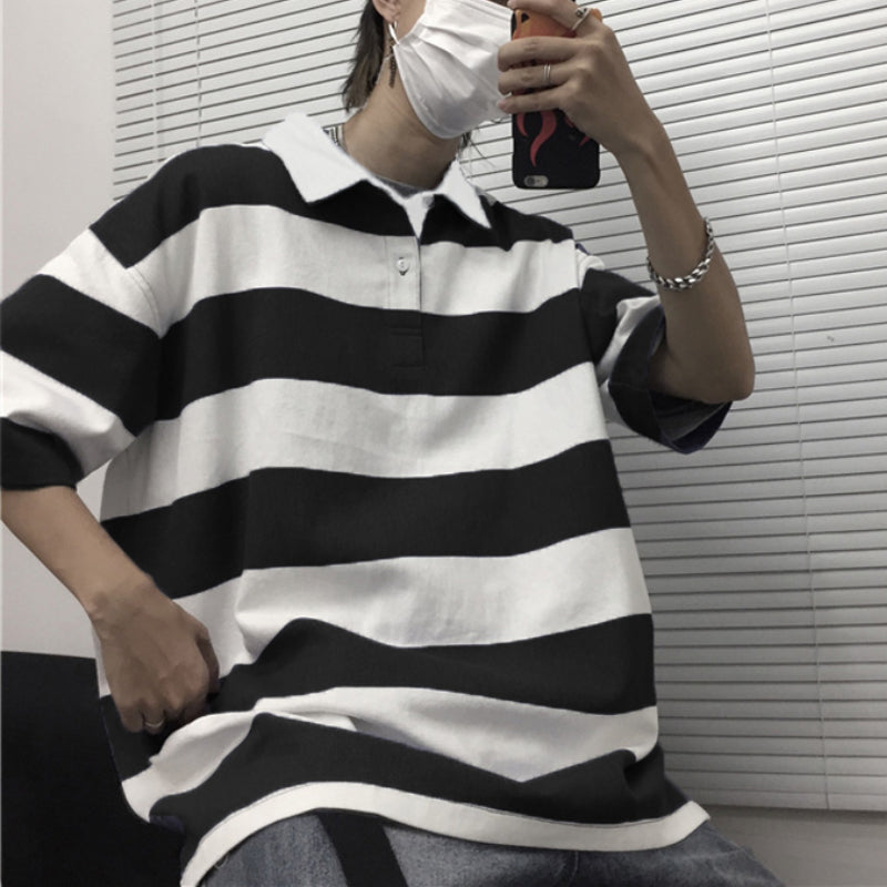 Big Striped Loose Oversize Polo Collar Shirt