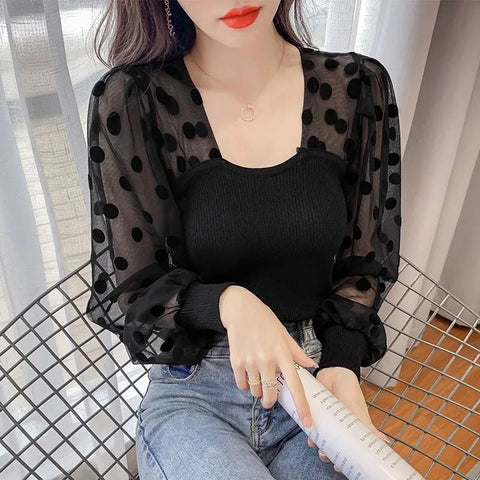 Chiffon Polka Dot Long Sleeve Shirt