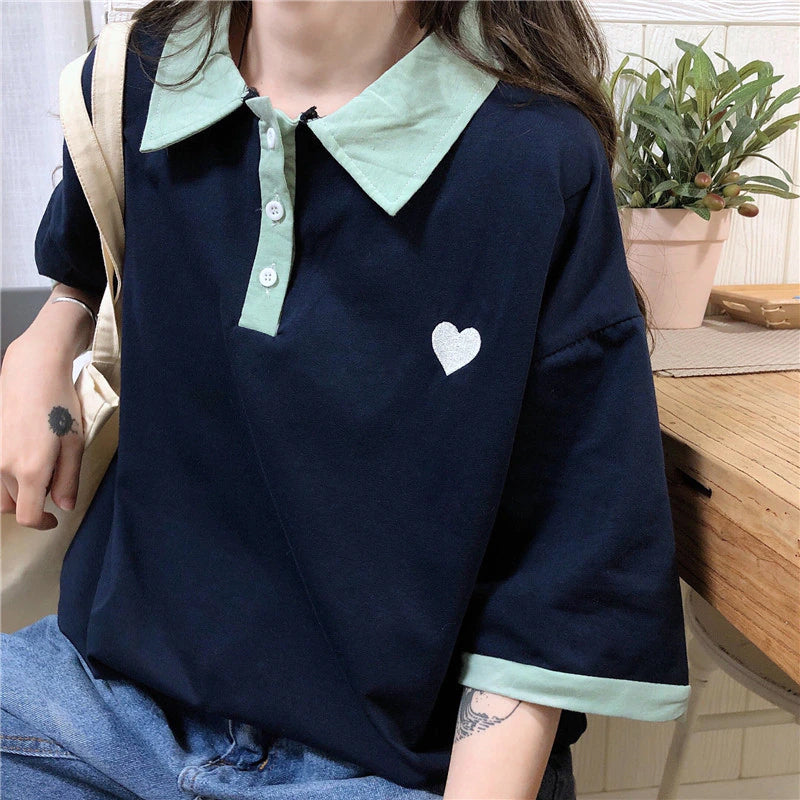 Loose Heart Pocket Printed Collar Shirt