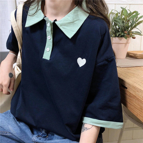 Loose Heart Pocket Printed Collar Shirt