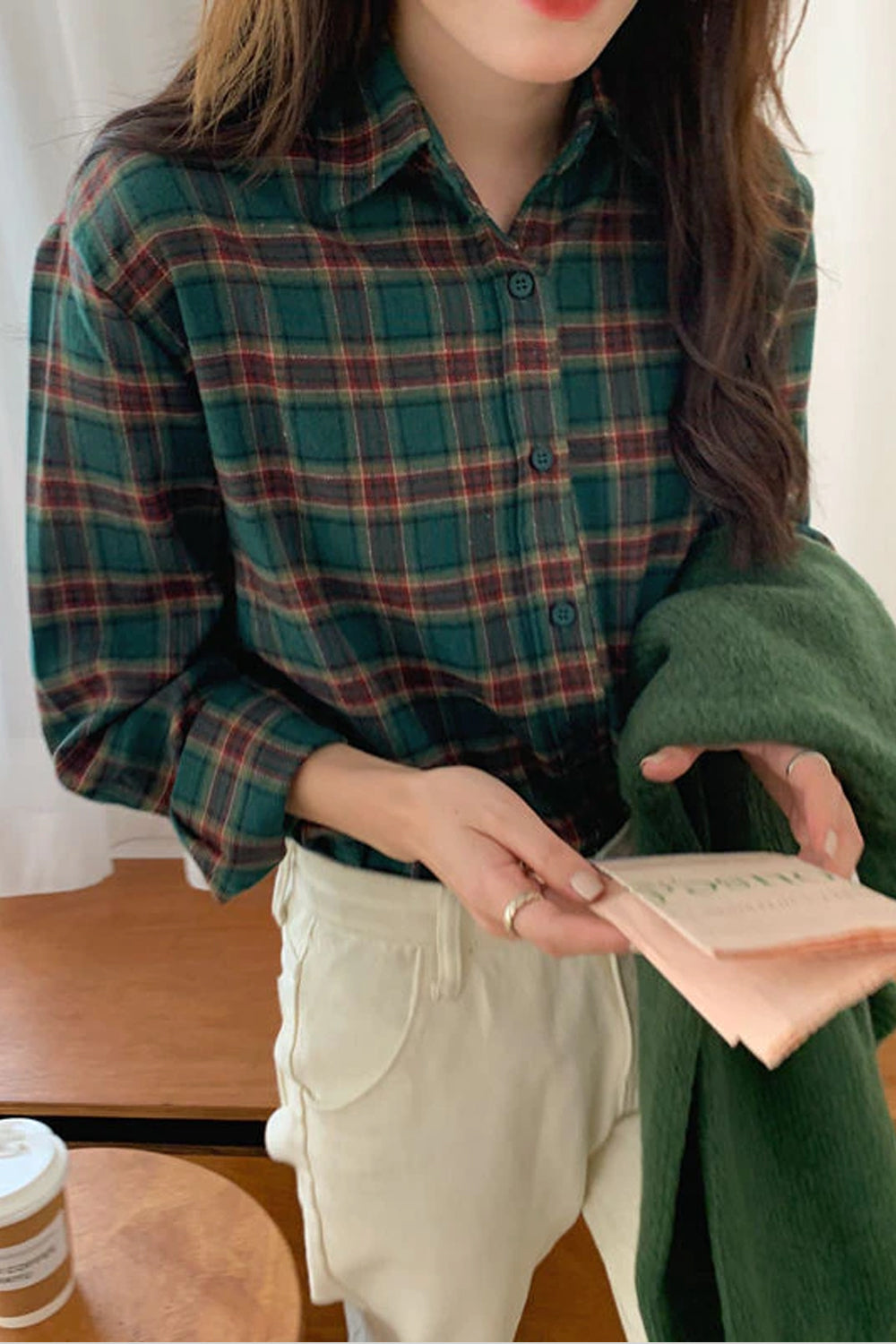 Casual Dark Green Plaid Office Blouse Shirt