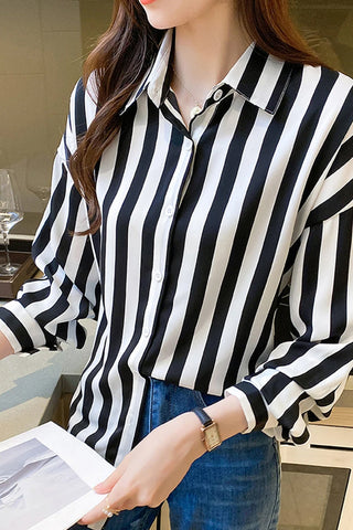Long Sleeve Black White Striped Blouse Shirt