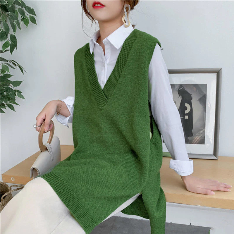 V-Neck Solid Color Sleeveless Loose Vest Sweater