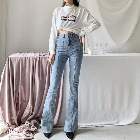 Stretch-Jeans mit hoher Taille und weitem Bein