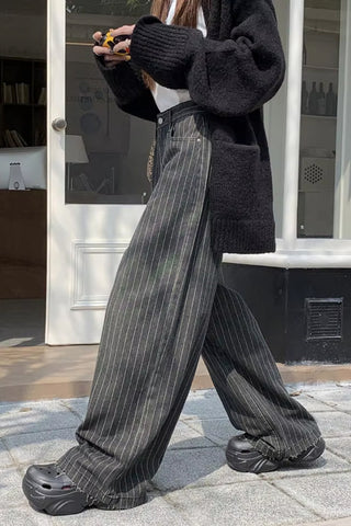 High Waist Loose Retro Black Striped Pants