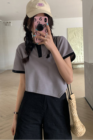 Short Sleeve Asymmetric Turn Down Collar Shirt