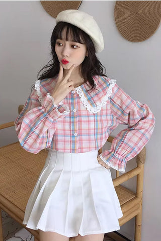 Long Sleeve Cute Plaid Pattern Peter Pan Collar Blouse Shirt