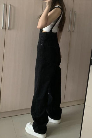 Retro Long Casual Black Denim Jumpsuit