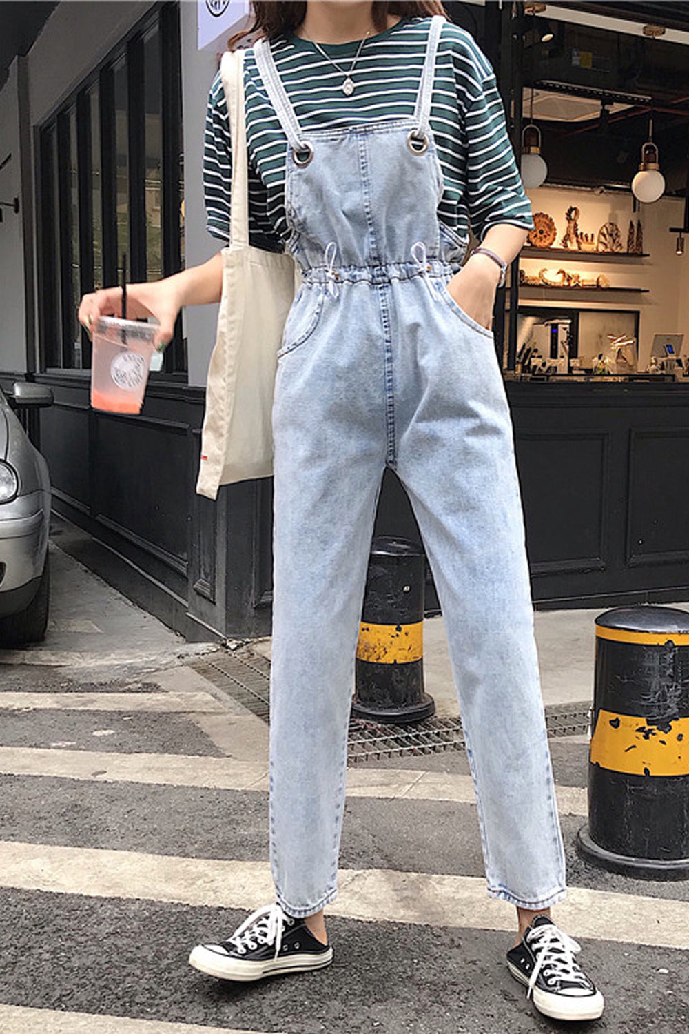 Knöchellanger, lässiger Jeans-Jumpsuit mit Taschen