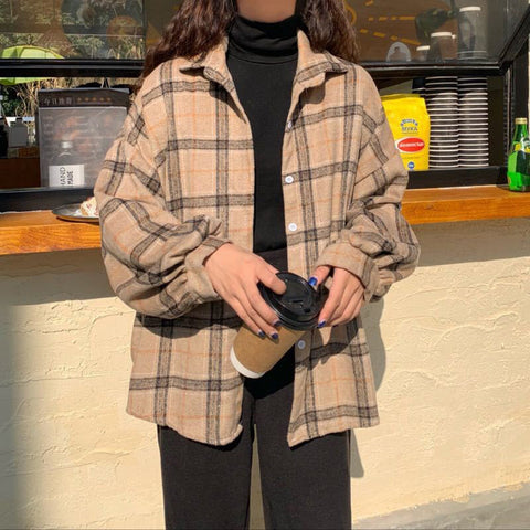 Loose Long Sleeve Button Plaid Blouse Shirt