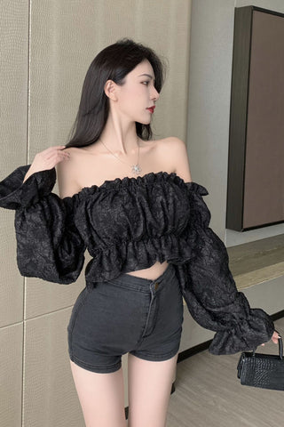Long Sleeve Sexy Slash Neck Folds Cropped Shirt
