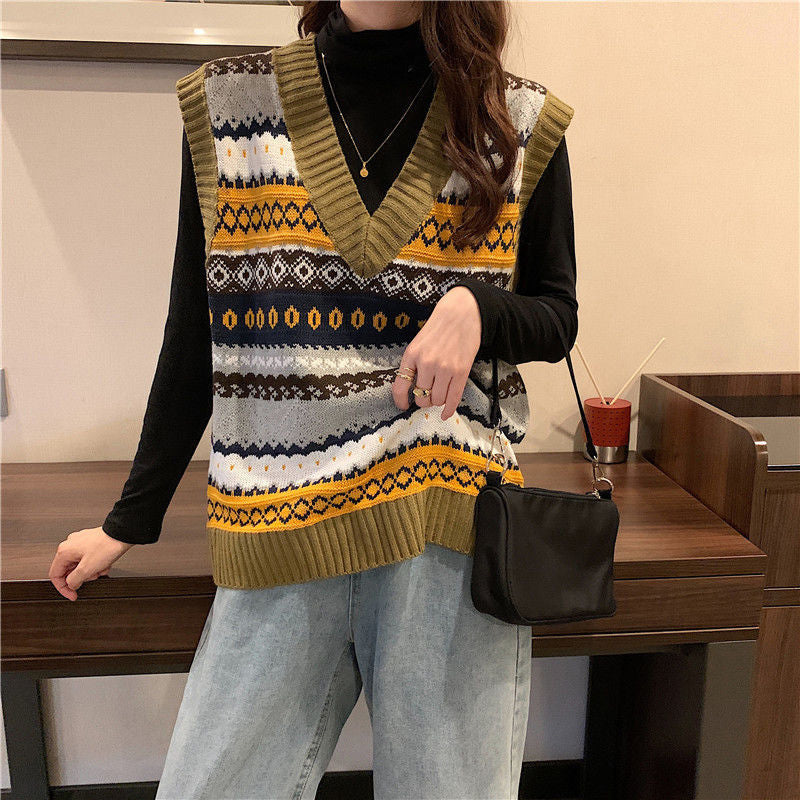 Retro V-Neck Geometric Pattern Vest Sweater