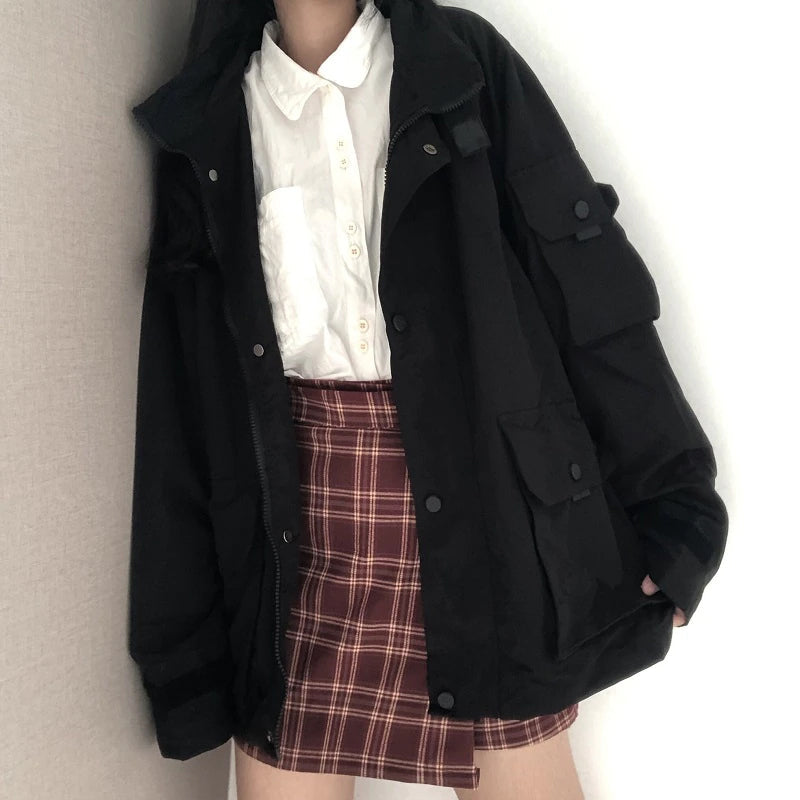 Loose Long Sleeve Solid Cargo Pockets Jacket