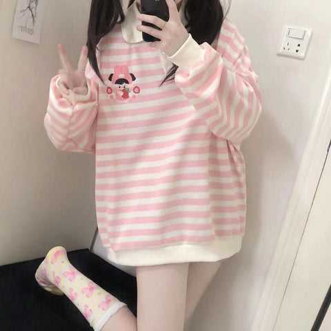 Cute Cartoon Printed Pink Striped Sweatshirt