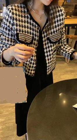 Classic Houndstooth Pattern Cropped Jacket