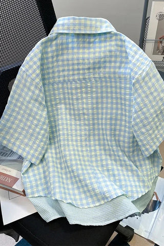 Short Sleeve Cute Little Floral Plaid Blouse Shirts