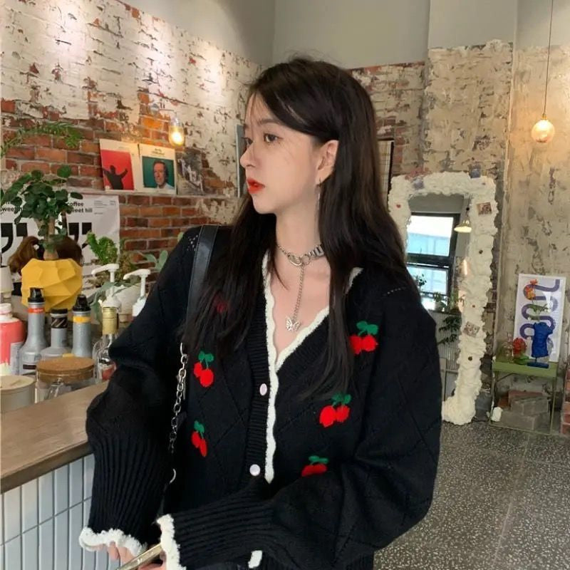 V-Neck Cherry Printed Retro Cardigan Sweater