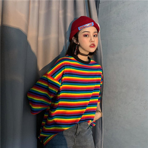 Casual Rainbow Striped Loose O Neck Shirt