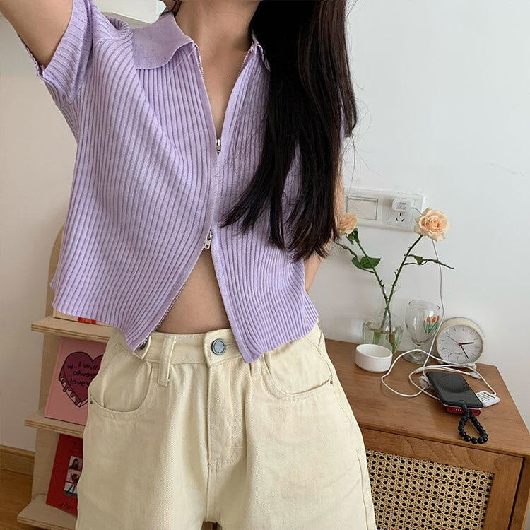Short Sleeve Casual Zipper Knitted Blouse Shirt