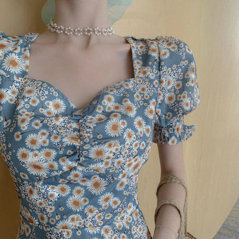 Flowers Pattern Puff Sleeve Split Dress
