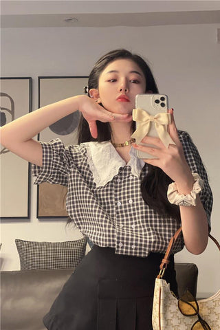 Retro Doll Collar Short Sleeve Plaid Shirt
