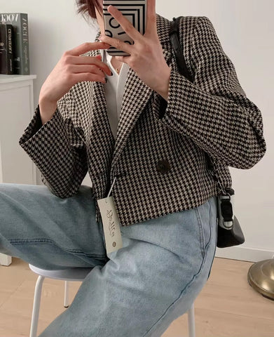 Long Sleeve Elegant Plaid Office Blazer Jacket