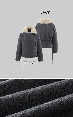 Structured Faux-Shearling Collar Jacket with Asymmetric Wrap Design