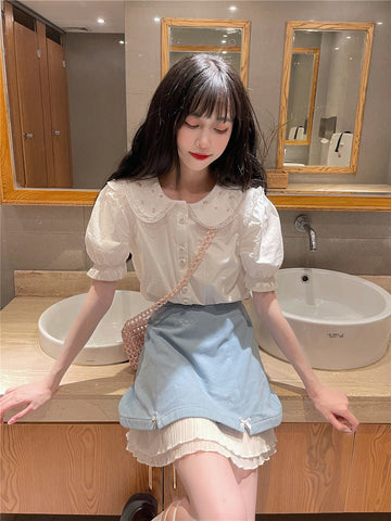 Floral Embroidered Peter Pan Collar Summer Shirt