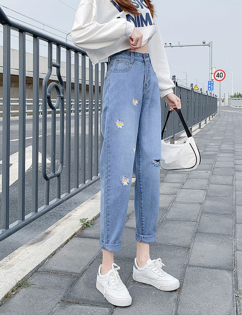 High Waist Daisy Pattern Slim Jeans Pants