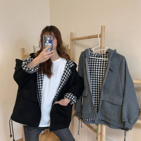 Loose Plaid Inside Hooded Jacket