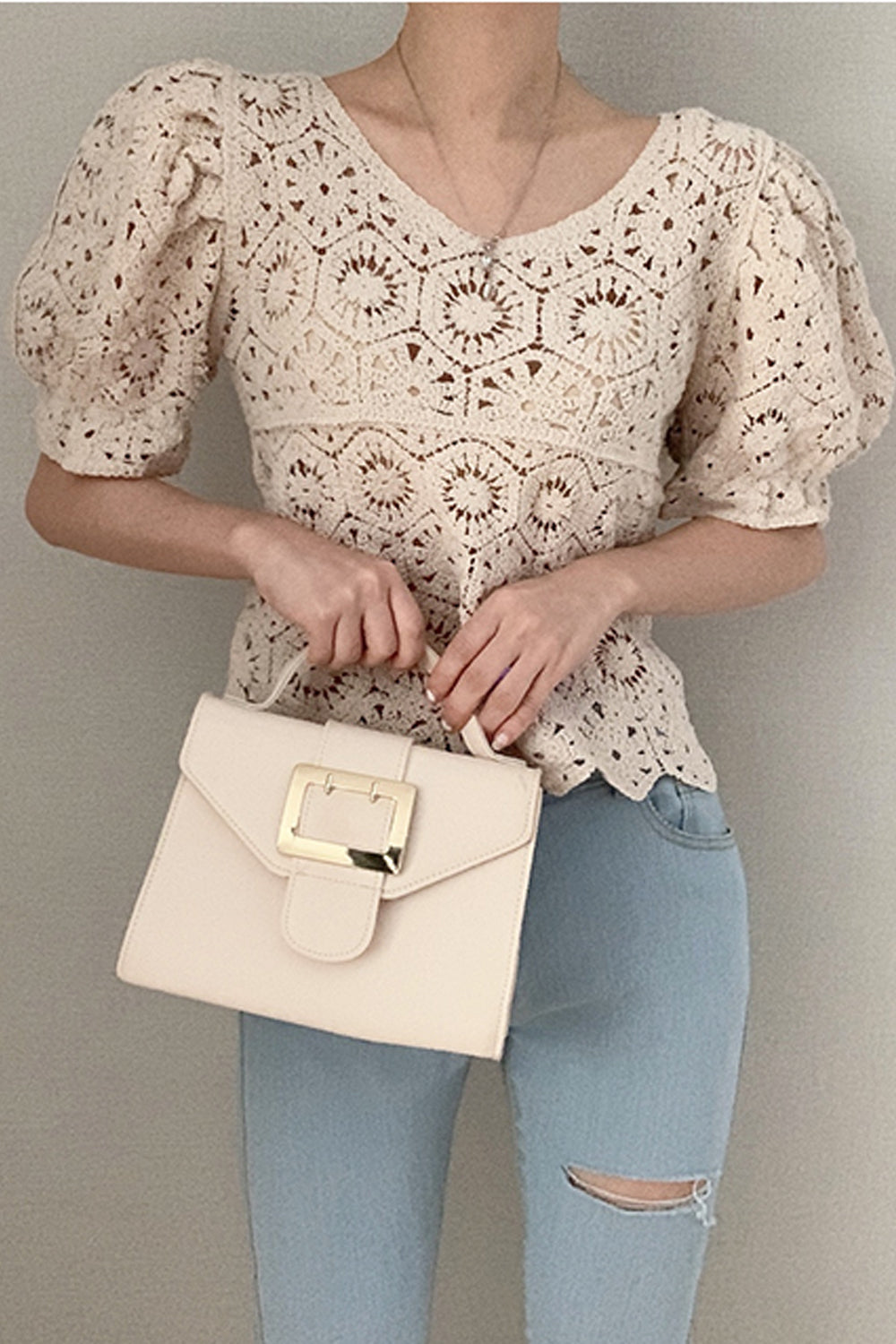 Puff Sleeve Lace Hollow Out Elegant Shirt