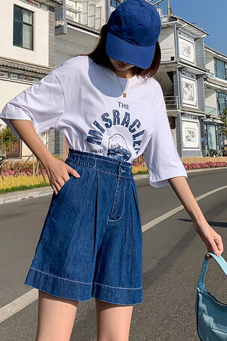 High Waist Knee Length Denim Shorts