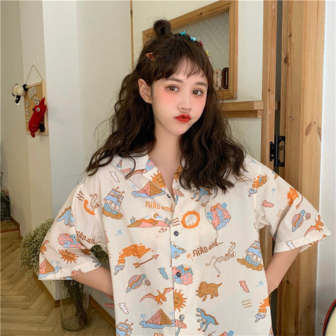 Classic Dinosaur Cartoon Printed Blouse Shirts