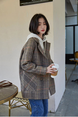 Double Breasted Woolen Plaid Coat Jacket