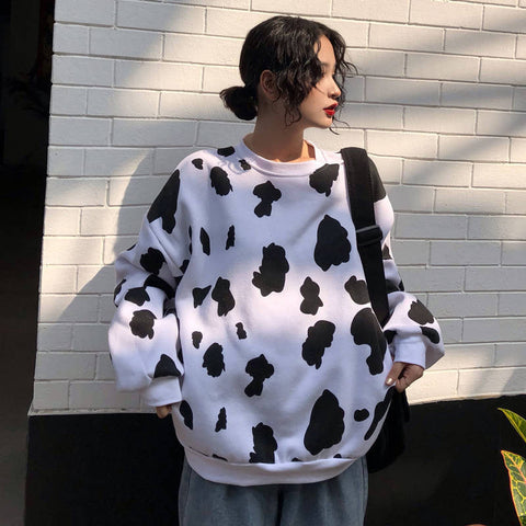 Loose Cow Milk Pattern Sweatshirt