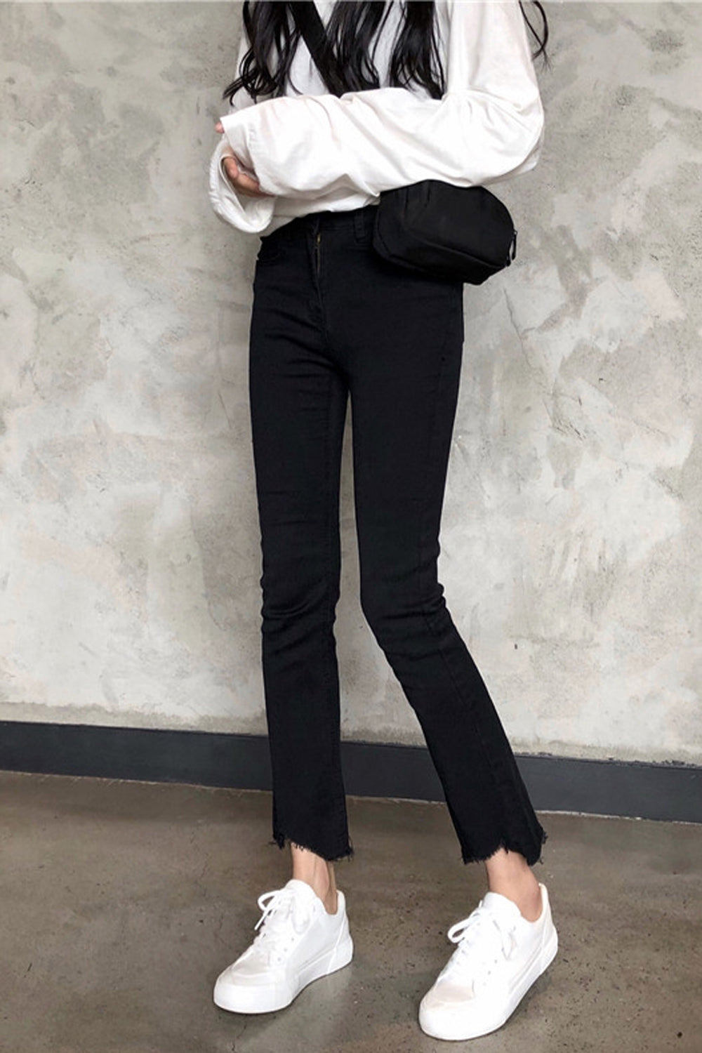 High Waist Slim Ankle Length Black Jeans