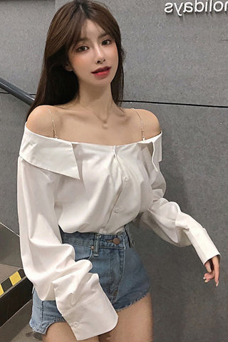 Sexy schulterfreie Bluse mit schrägem Kragen 