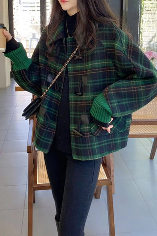Loose Bat Sleeve Woolen Green Plaid Coat Jacket
