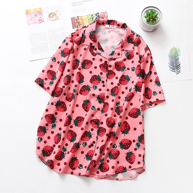 Strawberry Printed Short Sleeve Blouse Shirt