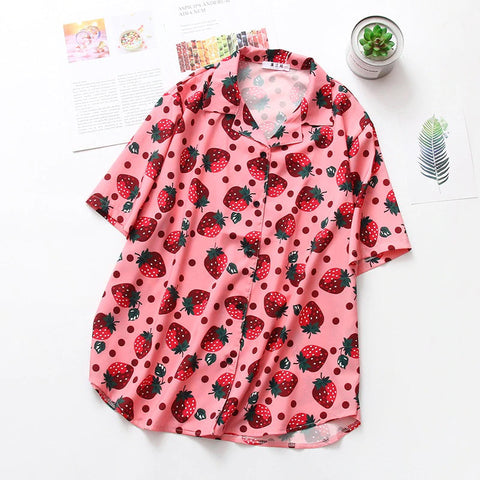 Strawberry Printed Short Sleeve Blouse Shirt