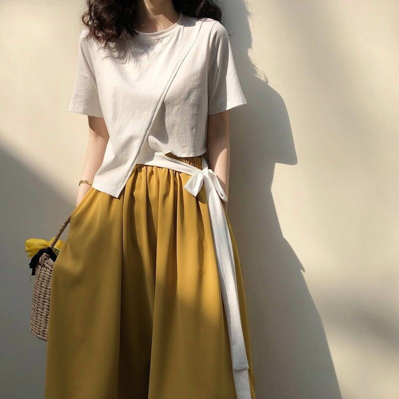 Short Sleeve Irregular Solid Tie Shirt