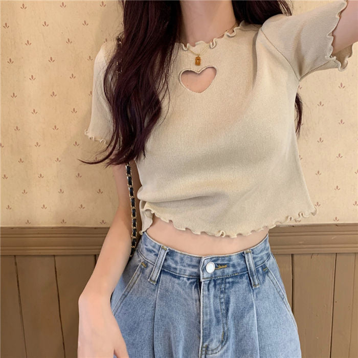 Love Hole Pattern Cropped Slim Shirt