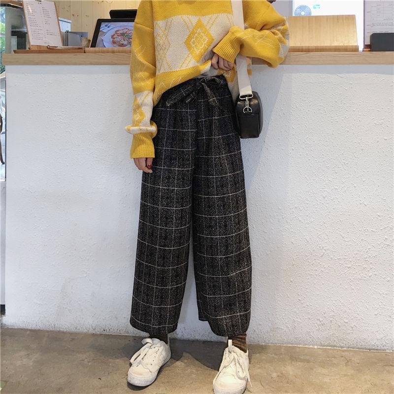 High Waist Ankle Length Wide Leg Plaid Pants