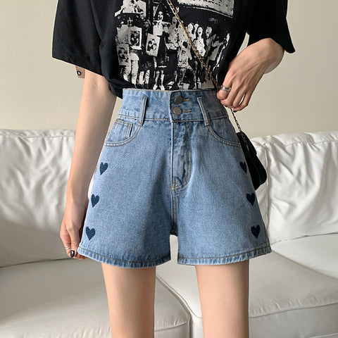 Heart Love Printed Jeans Shorts Pants