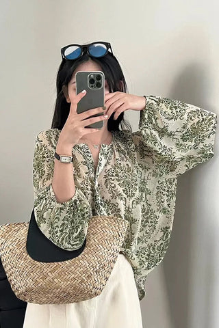 Long Sleeve Flowers Pattern Green Blouse Shirt
